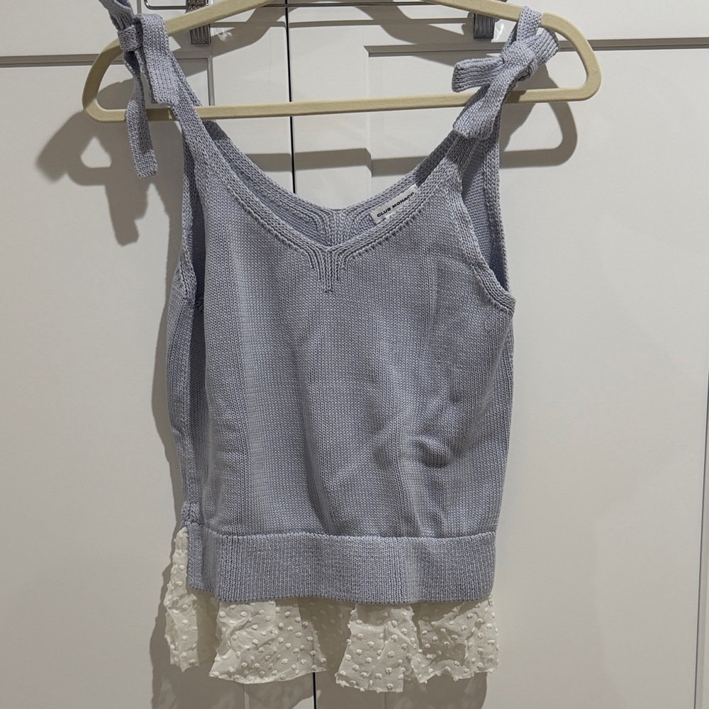 Club Monaco Blue Knit Tank Top with White Lace Trim XS
